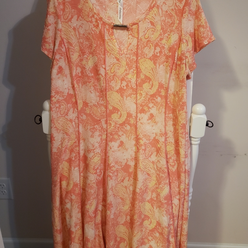 NY Collection Cap Sleeve Dress Peek A Boo Emble Size XL Orange, Yellow and White